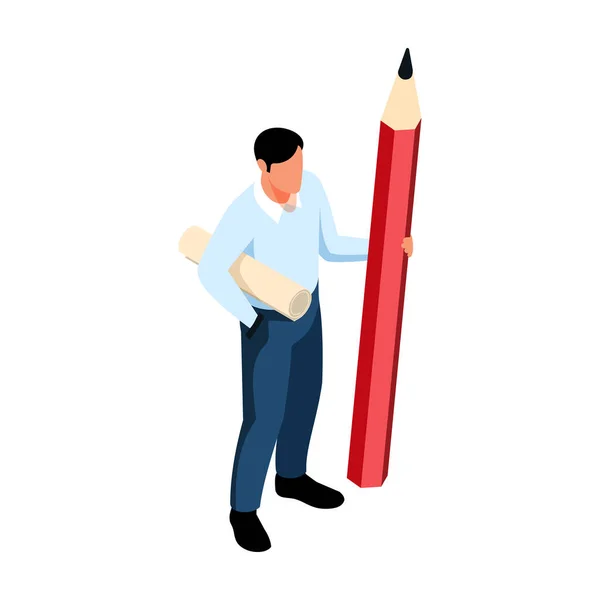 Pencil Man Isometric Composition — Stock Vector