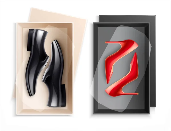 Hombres mujeres cajas de zapatos — Vector de stock