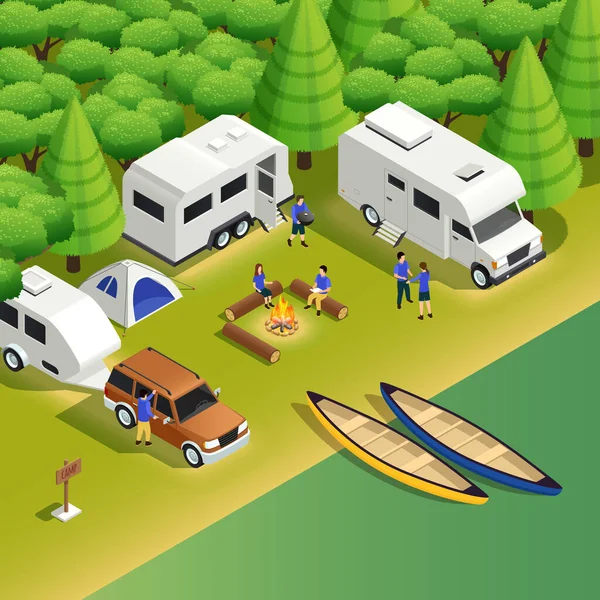 Rafting Kano Kampı Isometric Görünümü — Stok Vektör