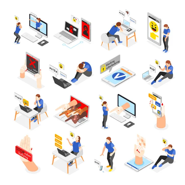 Isometric Cyber Bullying Set — Stock Vector