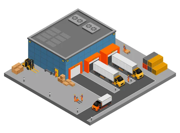 Composição de caminhões de armazém isométrico —  Vetores de Stock