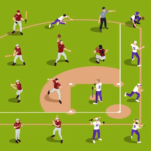 Composizione isometrica dei giocatori di baseball — Vettoriale Stock