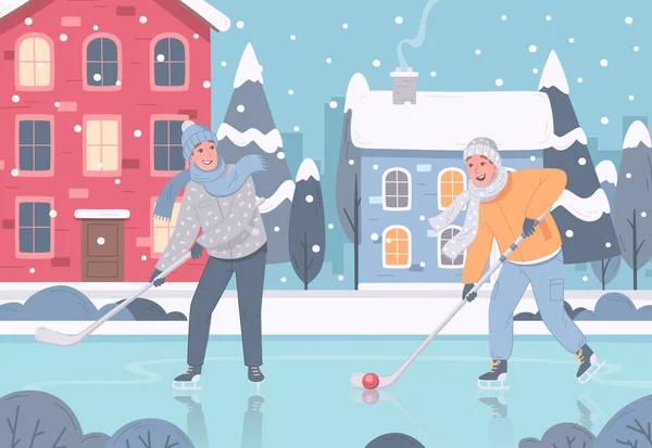 Composizione invernale di hockey su strada — Vettoriale Stock
