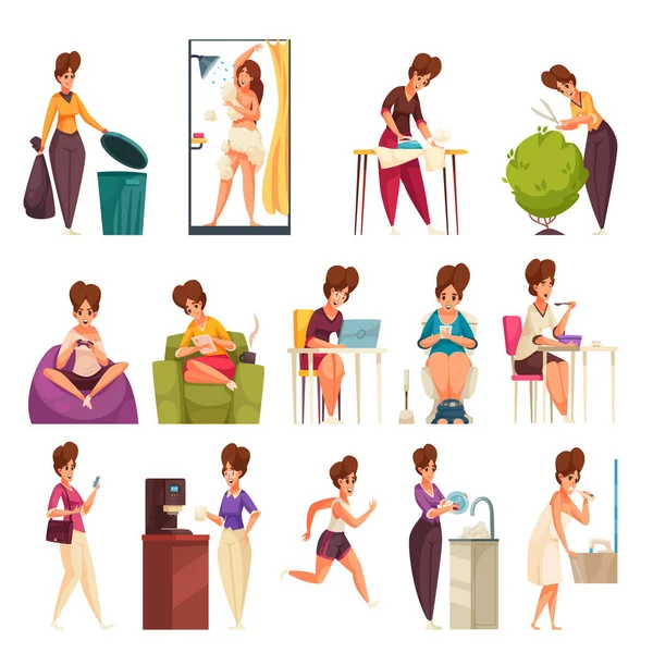 Dagelijkse vrouw Routine Flat Set — Stockvector