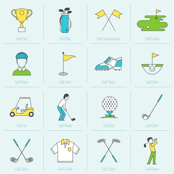 Iconos de golf Línea plana — Vector de stock