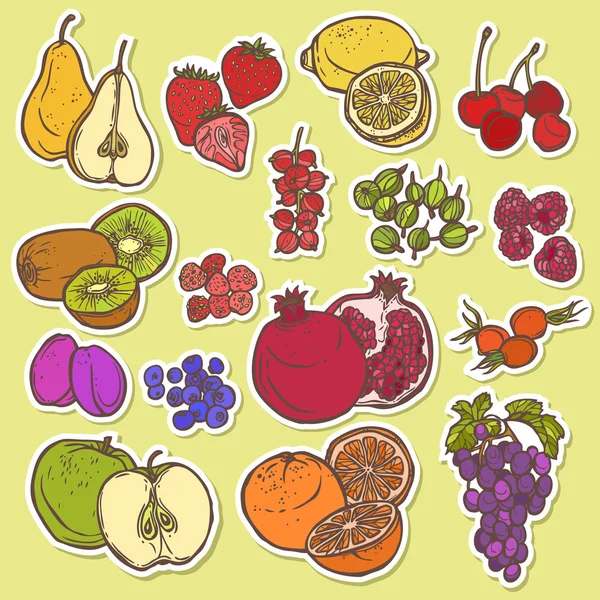 Fruits and berries sketch stickers colored — Stock Vector