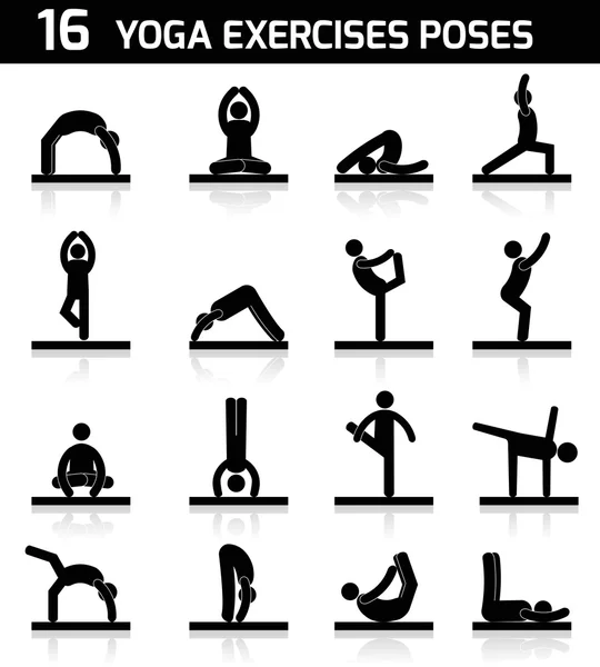 Yoga exerciții icoane negru — Vector de stoc