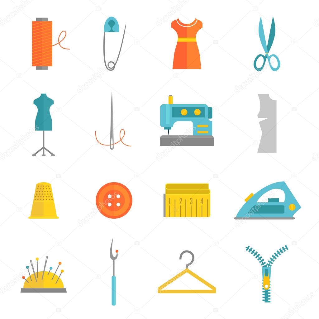 Sewing equipment icons set flat