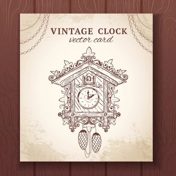 Antigua tarjeta de reloj de cuco retro — Vector de stock