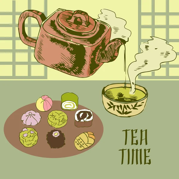 Tetera y taza japonesas — Vector de stock