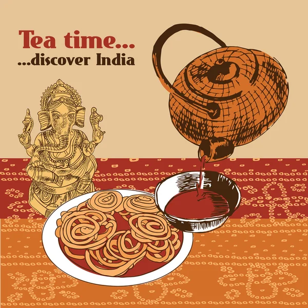 Théière indienne et tasse — Image vectorielle