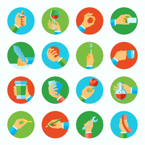 Hand holding objects flat set — Stock Vector