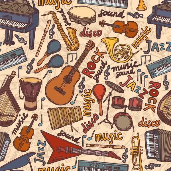 Instruments de musique croquis motif sans couture — Image vectorielle