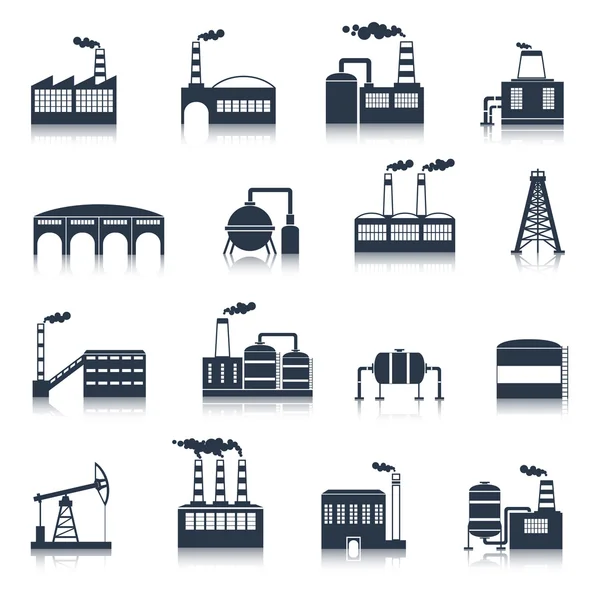 Iconos de edificio industrial negro — Vector de stock