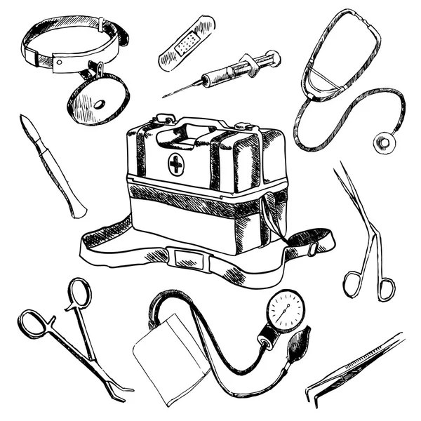 Docteur accessoires médicaux croquis icônes ensemble — Image vectorielle