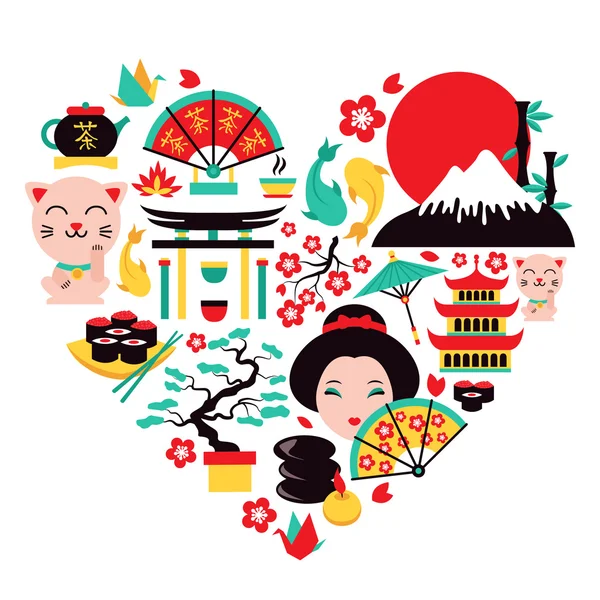 Japón símbolos corazón — Vector de stock