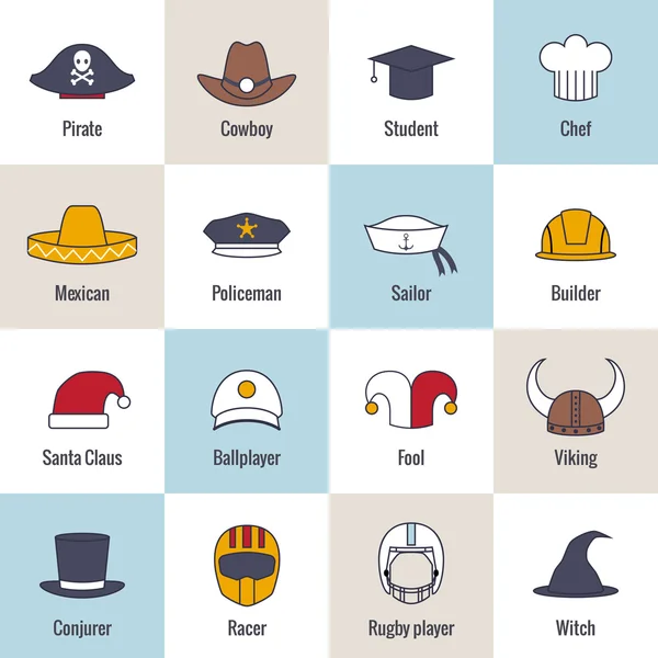 Iconos Sombrero Línea Plana — Vector de stock