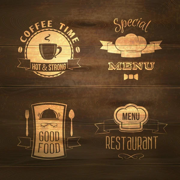 Conjunto de emblemas de menú restaurante madera — Vector de stock