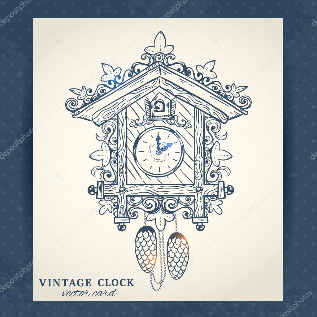 Old retro cuckoo clock postcard