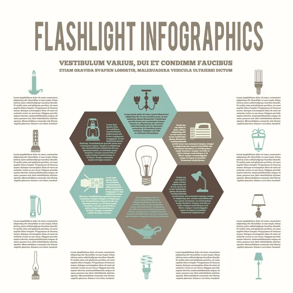 Taschenlampe und Lampen flache Infografik — Stockvektor