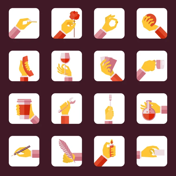 Hand holding objects flat set — Stock Vector