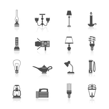 Flashlight and lamps icons black set clipart