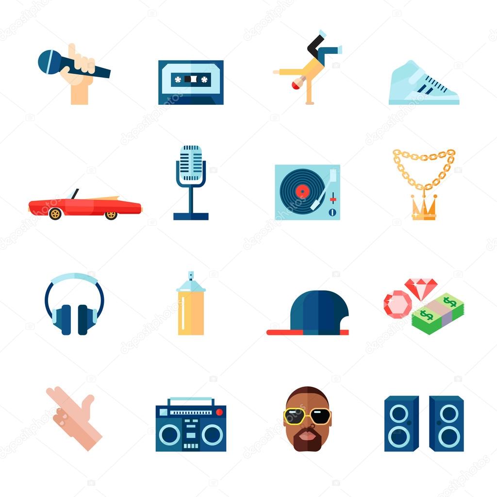 Rap music icons set flat