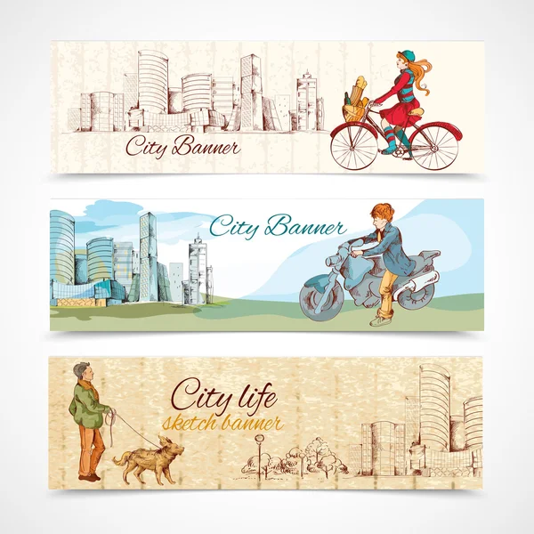 Horizontale banners stedelijke mensen sketch gekleurde — Stockvector