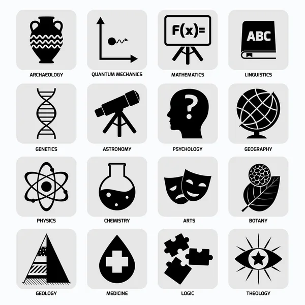 Science areas icons black — Stock Vector