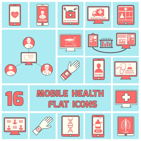 Icônes de santé mobiles mis ligne plate — Image vectorielle