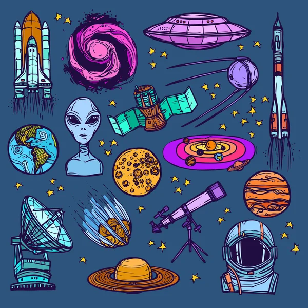 Space sketch set colored — Stock Vector