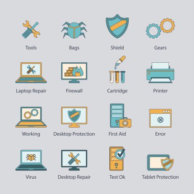 Bilgisayar onarım düz çizgi Icons set