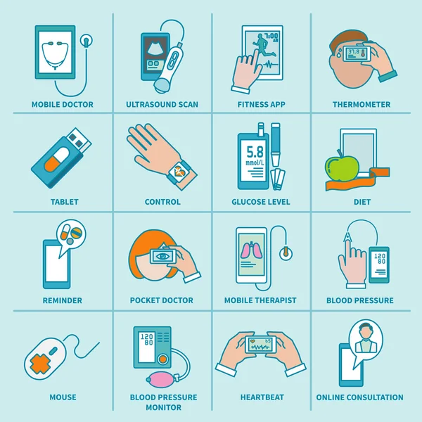 Icônes de santé numériques mis ligne plate — Image vectorielle