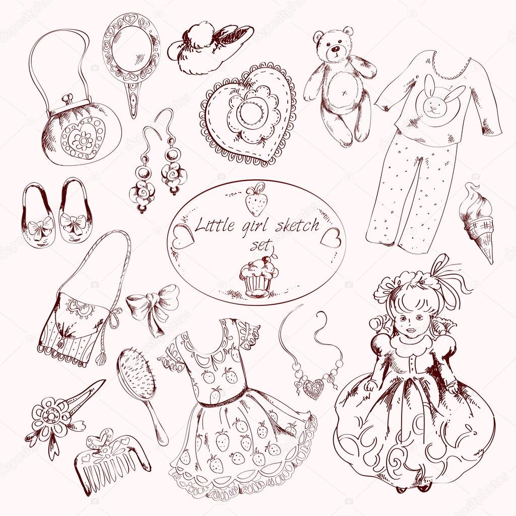 Little girl accessories set doodle sketch