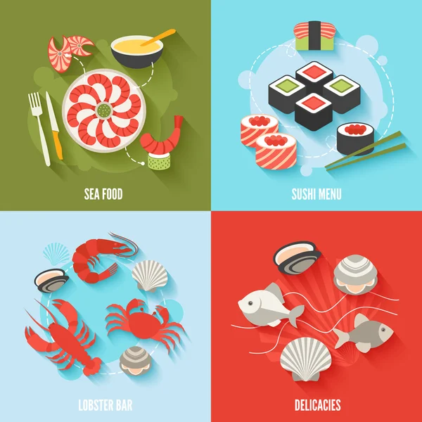 Conjunto plano de frutos do mar — Vetor de Stock