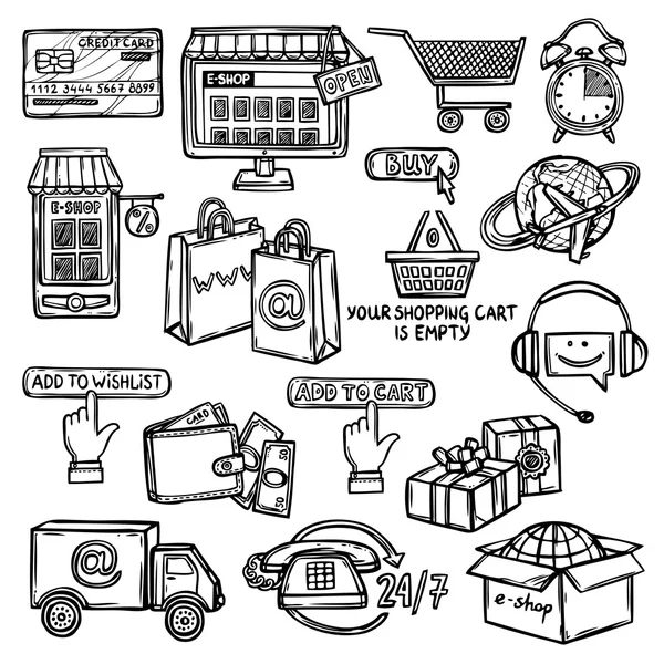 Iconos de comercio electrónico conjunto bosquejo — Vector de stock