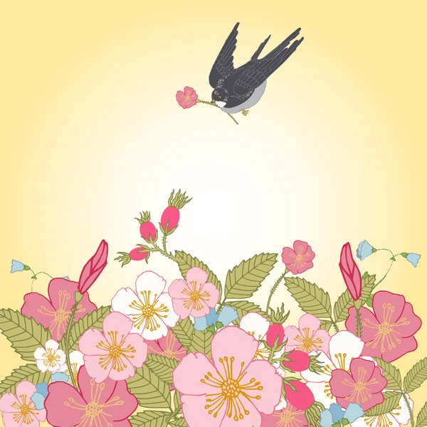 Fondo de flores vintage con pájaro — Vector de stock