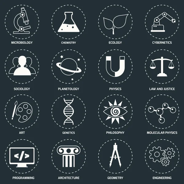 Wissenschaft Bereiche Symbole weiß — Stockvektor
