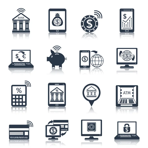 Mobile banking icone nere — Vettoriale Stock