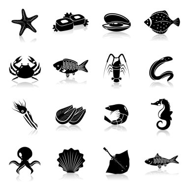 Siyah deniz ürünleri Icons set