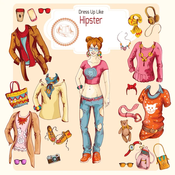 Hipster girl clothes set — Stock Vector