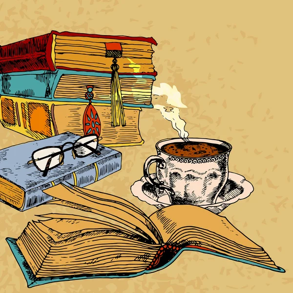Cup of coffee and books — Stock Vector
