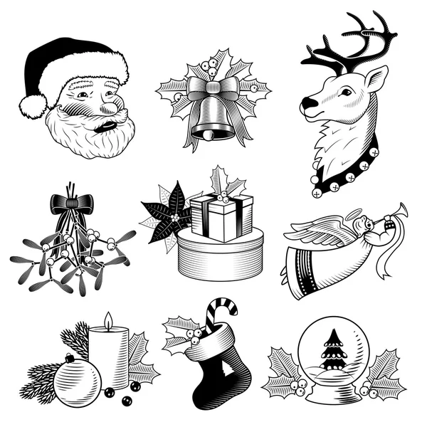 Kerstset pictogrammen zwart-wit — Stockvector