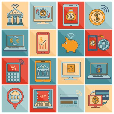 Mobil bankacılık simgeler düz çizgi