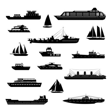 Ships and boats set black and white clipart