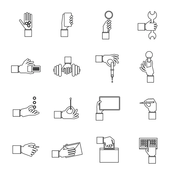 Mano sosteniendo objetos esquema conjunto — Archivo Imágenes Vectoriales