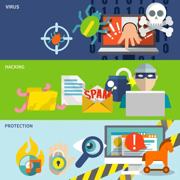 Hacker iconos conjunto de banner plano — Vector de stock