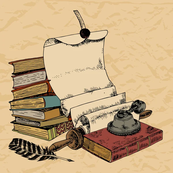 Plume de rouleau de papier et livres — Image vectorielle