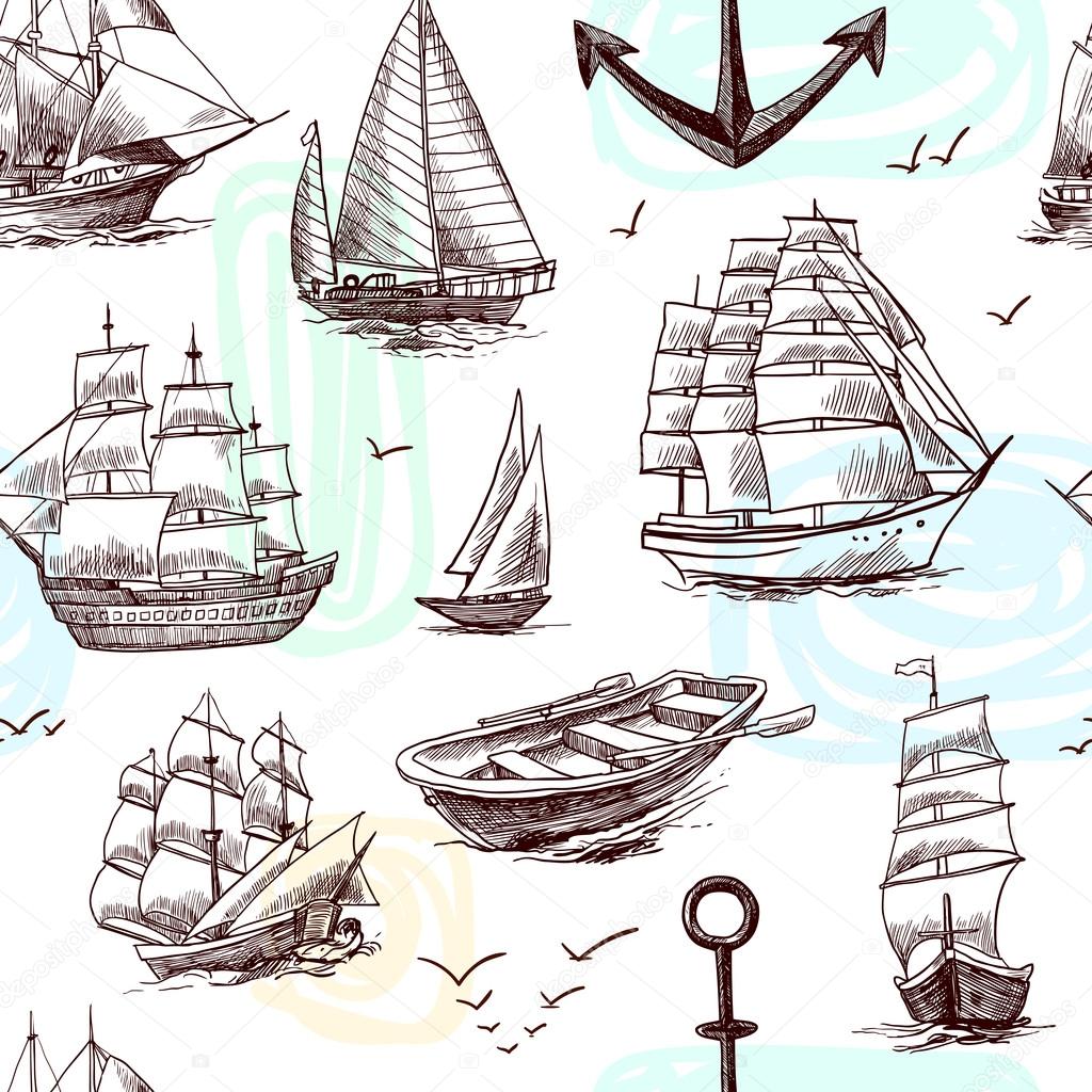 Ships and boats sketch seamless pattern