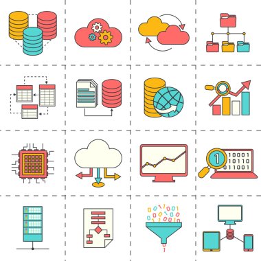Data analysis flat line icons clipart